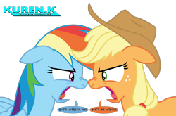 Size: 2000x1319 | Tagged: safe, artist:kuren247, applejack, rainbow dash, earth pony, pegasus, pony, g4, angry, argument, cowboy hat, fight, hat, looking at each other, simple background, speech bubble, text, transparent background, vector, yelling