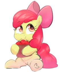Size: 3136x3728 | Tagged: safe, artist:nozukz, artist:parfait, apple bloom, earth pony, pony, g4, adorabloom, apple, bow, bucket, cute, female, filly, food, hair bow, heart, high res, holding, hoof heart, mouth hold, sitting, smiling, solo, weapons-grade cute