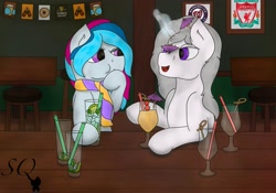 Size: 3389x2372 | Tagged: safe, artist:snow quill, oc, oc only, earth pony, pony, unicorn, banner, bar, clothes, commission, covering mouth, drinking glass, earth pony oc, female, high res, horn, laughing, looking at each other, magic, mare, mojito, scarf, sports logo, stallion, unicorn oc