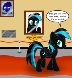 Size: 3840x4154 | Tagged: safe, artist:damlanil, oc, oc:nightlight aura, pegasus, pony, art museum, comic, commission, doppelganger, duo, female, frog (hoof), mare, museum, painting, permanent, replacement, shiny mane, show accurate, smiling, story, story included, underhoof, vector, wings