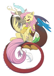Size: 595x842 | Tagged: safe, artist:basykail, discord, fluttershy, draconequus, pegasus, pony, g4, 2021, cute, eyes closed, female, hug, male, mare, open mouth, ship:discoshy, shipping, simple background, smiling, straight, white background