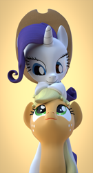Size: 2060x3820 | Tagged: safe, artist:wissle, applejack, rarity, earth pony, pony, unicorn, g4, 3d, accessory swap, applejack's hat, blender, cowboy hat, cute, duo, female, happy, hat, high res, lesbian, looking at each other, mare, pony pile, ship:rarijack, shipping, simple background, smiling