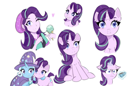 Size: 1748x1181 | Tagged: safe, artist:namieart, starlight glimmer, trixie, human, pony, unicorn, equestria girls, equestria girls specials, g4, marks for effort, my little pony equestria girls: mirror magic, :i, cape, clothes, coffee, cute, eyelashes, female, food, glimmerbetes, hat, heart, horn, i mean i see, ice cream, magic, mare, smiling, stars, trixie's cape, trixie's hat, wingding eyes