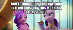 Size: 800x335 | Tagged: safe, edit, edited screencap, screencap, pipp petals, queen haven, pegasus, pony, g5, my little pony: a new generation, spoiler:my little pony: a new generation, caption, female, image macro, internet history, mare, oh no, phone, text