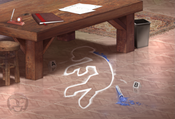 Size: 1269x864 | Tagged: safe, artist:calena, pony, book, carpet, chalk, cover art, crime scene, fimfiction, floor, markings, mystery, paper, pencil, scenery, stool, table, trash can