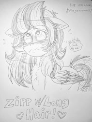 Size: 728x960 | Tagged: dead source, source needed, useless source url, safe, artist:hannah holmberg, zipp storm, pegasus, pony, g5, my little pony: a new generation, spoiler:my little pony: a new generation, alternate hairstyle, monochrome, sketch, solo, traditional art