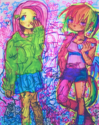 Size: 478x600 | Tagged: safe, artist:pxunii, fluttershy, rainbow dash, human, g4, abstract background, aesthetics, chromatic aberration, clothes, duo, duo female, female, heart, humanized, ponytail, shirt, shorts, skirt, standing, stars, sweater, tank top, winged humanization, wings