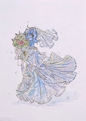 Size: 1992x2816 | Tagged: safe, artist:ksdt-2, oc, oc only, oc:bright stellaris, earth pony, anthro, anthro oc, bouquet, clothes, dress, flower, simple background, smiling, solo, standing, traditional art, veil, wedding dress