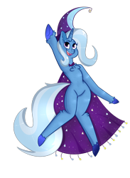 Size: 1100x1500 | Tagged: safe, artist:queenbluestar, trixie, unicorn, semi-anthro, g4, arm hooves, cape, chest, chest fluff, clothes, hat, open mouth, smiling, solo