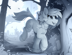 Size: 2400x1810 | Tagged: safe, artist:yakovlev-vad, oc, oc only, earth pony, pony, chest fluff, clothes, eye clipping through hair, lacrimal caruncle, running, scarf, solo, tree, unshorn fetlocks