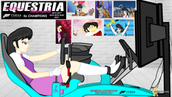 Size: 3840x2160 | Tagged: safe, artist:forzaveteranenigma, octavia melody, oc, oc:assetto-forza massimo, human, equestria girls, ballet slippers, clothes, digital art, dress, ear piercing, earring, female, flats, forza motorsport, high res, human coloration, jewelry, male, monitors, outfit, piercing, racing simulator, serious, serious face, shoes, sim racing, sim setup, straight, watermark