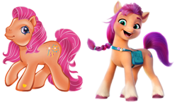 Size: 1320x766 | Tagged: safe, sparkleworks, sunny starscout, pony, g3, g5, my little pony: a new generation, official, bag, comparison, duo, saddle bag, simple background, white background