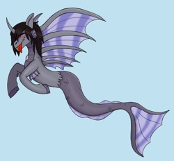 Size: 1434x1332 | Tagged: safe, artist:revenge.cats, siren, blue background, eyes closed, fins, fish tail, happy, kellin quinn, male, ponified, scales, simple background, sleeping with sirens, solo, tail, tongue out