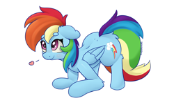 Size: 4000x2432 | Tagged: safe, artist:yelowcrom, rainbow dash, pegasus, pony, g4, backwards cutie mark, beanbrows, behaving like a cat, behaving like a dog, butt fluff, cute, dashabetes, eyebrows, eyebrows visible through hair, face down ass up, female, heart, mare, simple background, solo, white background