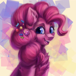 Size: 7000x7000 | Tagged: dead source, safe, artist:morozov01, pinkie pie, earth pony, pony, g4, abstract background, bust, chest fluff, female, solo