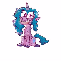 Size: 4000x4000 | Tagged: safe, artist:dooodlecapt, izzy moonbow, pony, unicorn, g5, my little pony: a new generation, spoiler:my little pony: a new generation, female, glasses, open mouth, simple background, sitting, solo, white background