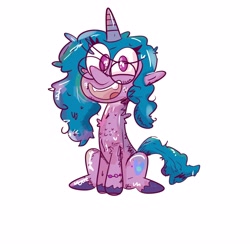 Size: 4000x4000 | Tagged: safe, artist:dooodlecapt, izzy moonbow, pony, unicorn, g5, my little pony: a new generation, female, glasses, open mouth, simple background, sitting, solo, white background