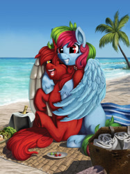 Size: 1024x1369 | Tagged: safe, artist:aschenstern, oc, oc only, pegasus, pony, beach, duo, female, hug, laughing, ocean, palm tree, picnic, tree, water, winghug, wings