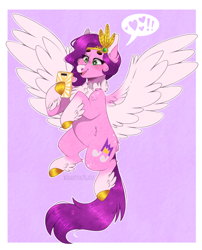 Size: 1068x1324 | Tagged: safe, artist:wanderingpegasus, pipp petals, pegasus, pony, g5, my little pony: a new generation, spoiler:my little pony: a new generation, adorapipp, alternate design, belly fluff, butt fluff, cellphone, cheek fluff, chest fluff, chubby, coat markings, colored pupils, cute, ear fluff, facial markings, feathered fetlocks, female, flying, freckles, heart, hoof hold, leg fluff, mare, markings, open mouth, open smile, phone, pipp is chubby, purple background, signature, simple background, smartphone, smiling, snip (coat marking), socks (coat markings), solo, speech bubble, that pony sure does love phones, unshorn fetlocks, white pupils, wings