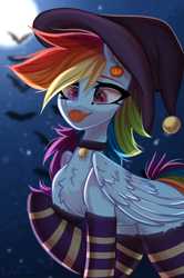 Size: 2048x3084 | Tagged: safe, artist:maybeweed, rainbow dash, bat, pegasus, pony, g4, :p, bell, bell collar, chest fluff, clothes, collar, costume, halloween, halloween costume, hat, high res, holiday, moon, pumpkin, socks, striped socks, tongue out, witch hat