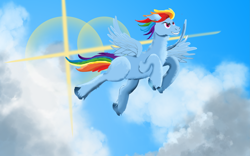 Size: 6801x4250 | Tagged: safe, artist:fluffywolf36, rainbow dash, pegasus, pony, g4, absurd resolution, female, flying, lens flare, sky, solo