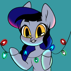 Size: 2000x2000 | Tagged: safe, artist:eluthedruid, oc, oc only, oc:night cloud, bat pony, pony, christmas, christmas lights, female, high res, holiday, simple background, solo
