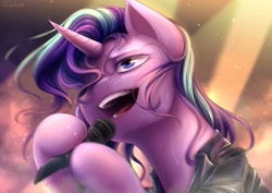 Size: 3508x2480 | Tagged: safe, artist:jadekettu, starlight glimmer, pony, unicorn, g4, clothes, concert, female, high res, hoof hold, jacket, leather jacket, mare, microphone, open mouth, open smile, signature, singing, smiling, solo, sweat