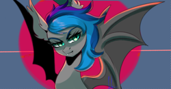 Size: 3599x1869 | Tagged: safe, artist:verashelenberg, oc, oc only, oc:lyssa, bat pony, abstract background, bust, ear fluff, fangs, spread wings, wings