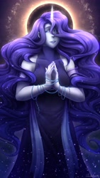 Size: 2160x3840 | Tagged: safe, artist:jadekettu, nightmare rarity, rarity, human, lil-miss rarity, g4, bracelet, clothes, dress, eclipse, female, high res, horn, horned humanization, humanized, jewelry, solar eclipse, solo
