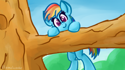 Size: 3840x2160 | Tagged: safe, artist:llamalauncher, rainbow dash, pegasus, pony, g4, behaving like a cat, cute, female, high res, solo, tree, tree branch