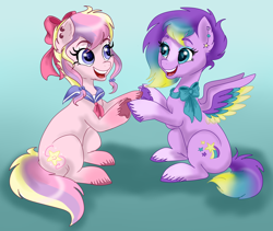 Size: 1900x1600 | Tagged: safe, artist:doodledaydream, oc, oc only, oc:glitterstar, oc:stardust, earth pony, pegasus, pony, cute, duo, ear piercing, earring, female, gradient background, happy, jewelry, piercing