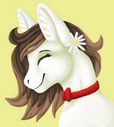 Size: 458x508 | Tagged: safe, artist:believeinshadows, oc, oc only, oc:akouio, pony, bust, eyes closed, flower, flower in hair, portrait, profile, simple background, smiling, solo