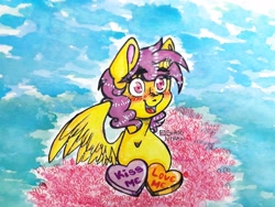 Size: 3917x2938 | Tagged: safe, artist:shaddndraw, oc, oc only, alicorn, pony, alicorn oc, blushing, commission, female, high res, horn, not fluttershy, solo, traditional art, wings, ych result