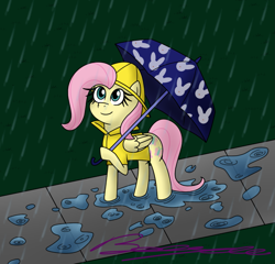 Size: 1595x1533 | Tagged: safe, artist:pixelemelee, fluttershy, pegasus, pony, g4, female, rain, raincoat, solo, umbrella