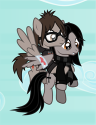 Size: 1509x1962 | Tagged: safe, artist:lightningbolt, derpibooru exclusive, pegasus, pony, g4, .svg available, bags under eyes, bandage, bandaged wing, blood, blood stains, broken wing, brothers, carrying, clothes, cloud, duo, duo male, fangs, flying, gerard way, glasses, happy, hoodie, jacket, jewelry, looking down, male, mikey way, my chemical romance, necklace, partially open wings, ponified, scarf, show accurate, siblings, simple background, sky, smiling, spread wings, stallion, svg, tattered, torn wings, vector, wings