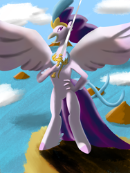 Size: 1800x2400 | Tagged: safe, artist:xd-385, queen novo, classical hippogriff, hippogriff, fanfic:the lost element, g4, bipedal, cloud, crown, day, fanfic, fanfic art, female, jewelry, lidded eyes, looking at you, looking sideways, rapier, regalia, sky, solo, standing on two hooves, sword, water, weapon