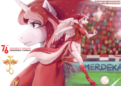Size: 2480x1754 | Tagged: safe, artist:pwnagespartan, oc, oc only, oc:indonisty, alicorn, anthro, unguligrade anthro, alicorn oc, crowd, female, football, horn, indonesia, nation ponies, ponified, running, solo, sports, stadium, wings