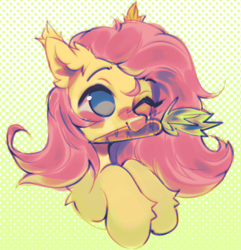Size: 542x563 | Tagged: safe, artist:astralblues, fluttershy, pegasus, pony, g4, abstract background, bust, carrot, cute, ear fluff, female, food, herbivore, mare, mouth hold, one eye closed, portrait, shyabetes, solo