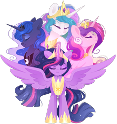 Size: 2163x2283 | Tagged: safe, alternate version, artist:cinnamontee, princess cadance, princess celestia, princess luna, twilight sparkle, alicorn, pony, season 9, the last problem, spoiler:s09, alicorn tetrarchy, crown, cutie mark, ethereal mane, eyes closed, female, glowing, glowing horn, group, high res, hoof shoes, horn, jewelry, magic, mare, older, older twilight, peytral, princess twilight 2.0, quartet, regalia, royal sisters, siblings, simple background, sisters, smiling, spread wings, starry mane, transparent background, twilight sparkle (alicorn), vector, wings