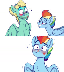 Size: 1280x1440 | Tagged: safe, artist:rutkotka, part of a set, rainbow dash, zephyr breeze, pegasus, pony, comic:zephyr/dash sketched story, g4, bedroom eyes, blushing, facial hair, female, glasses, goatee, grin, kiss mark, lipstick, male, mare, moustache, older, older rainbow dash, older zephyr breeze, ship:zephdash, shipping, simple background, sketch, smiling, stallion, straight, white background