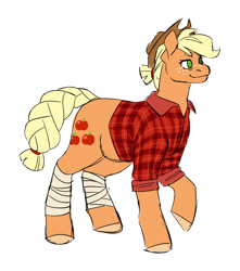 Size: 1280x1451 | Tagged: safe, artist:spartalabouche, applejack, earth pony, pony, g4, applejack's hat, braided tail, clothes, cowboy hat, cutie mark, female, flannel shirt, hat, leg wraps, raised hoof, shirt, simple background, smiling, solo, tail, white background