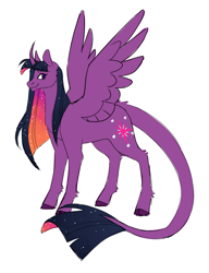 Size: 1280x1664 | Tagged: safe, artist:spartalabouche, twilight sparkle, alicorn, pony, g4, alternate hairstyle, cloven hooves, curved horn, cutie mark, female, horn, leonine tail, simple background, smiling, solo, spread wings, tail, twilight sparkle (alicorn), white background, wings