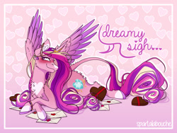 Size: 1280x962 | Tagged: safe, artist:spartalabouche, princess cadance, alicorn, pony, g4, abstract background, blushing, bracelet, chocolates, cloven hooves, cutie mark, ear piercing, earring, female, heart, hearts and hooves day, horn, jewelry, leonine tail, letter, love letter, lying down, mare, piercing, smiling, solo, speech bubble, spread wings, tail, tiara, valentine's day card, wings