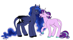 Size: 1280x711 | Tagged: safe, artist:spartalabouche, princess luna, starlight glimmer, alicorn, classical unicorn, pony, unicorn, g4, blank flank, cloven hooves, curved horn, cutie mark, duo, female, horn, leonine tail, lesbian, looking at each other, ship:starluna, shipping, simple background, smiling, unshorn fetlocks, white background, wings