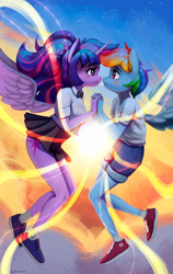 Size: 2000x3164 | Tagged: safe, artist:mrscroup, rainbow dash, twilight sparkle, alicorn, pegasus, anthro, g4, clothes, duo, eye contact, female, high res, holding hands, legs, lesbian, looking at each other, miniskirt, pleated skirt, school uniform, schoolgirl, ship:twidash, shipping, shorts, skirt, twilight sparkle (alicorn)