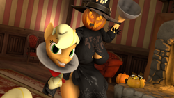 Size: 1920x1080 | Tagged: safe, artist:lincoln ks115, applejack, oc, dullahan, anthro, g4, 3d, decapitated, disembodied head, halloween, headless, holiday, modular, pumpkin, pumpkin head, solo, source filmmaker, ych example, your character here
