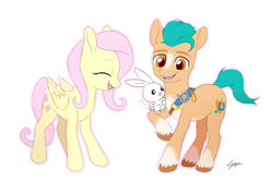 Size: 1200x850 | Tagged: safe, artist:sion, angel bunny, fluttershy, hitch trailblazer, earth pony, pegasus, pony, rabbit, g4, g5, my little pony: a new generation, spoiler:my little pony: a new generation, animal, badge, blaze (coat marking), coat markings, critter magnet, cute, duo, eyes closed, facial markings, female, g4 to g5, implied time travel, looking at someone, male, mare, open mouth, open smile, raised hoof, sheriff's badge, signature, simple background, sitting, smiling, socks (coat markings), stallion, unshorn fetlocks, white background, wings