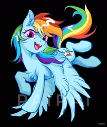 Size: 1600x1893 | Tagged: safe, artist:paipaishuaige, rainbow dash, pegasus, pony, g4, black background, chest fluff, ear fluff, female, lightly watermarked, looking at you, mare, open mouth, simple background, solo, watermark