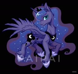 Size: 1688x1600 | Tagged: safe, artist:paipaishuaige, princess luna, alicorn, pony, black background, ear fluff, female, leg fluff, lightly watermarked, mare, profile, simple background, solo, watermark