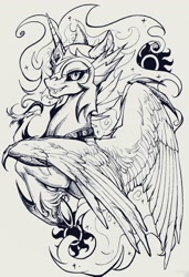 Size: 1398x2048 | Tagged: safe, artist:paipaishuaige, daybreaker, philomena, alicorn, phoenix, pony, g4, black and white, duo, ear fluff, fangs, female, grayscale, grin, ink drawing, looking at you, mare, monochrome, smiling, spread wings, sun, traditional art, unshorn fetlocks, wings
